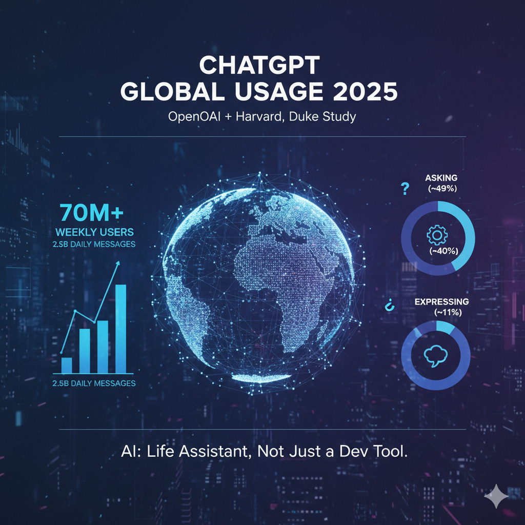 ChatGPT usage statistics 2025 showing how people use ChatGPT worldwide based on the OpenAI study of global adoption