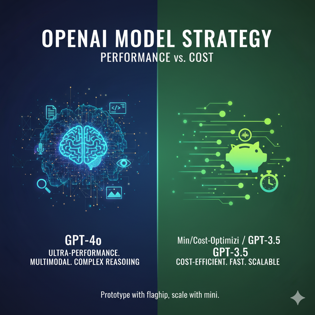 Infographic comparing OpenAI models GPT-3.5, GPT-4o-mini, and GPT-4o on cost vs performance axis.