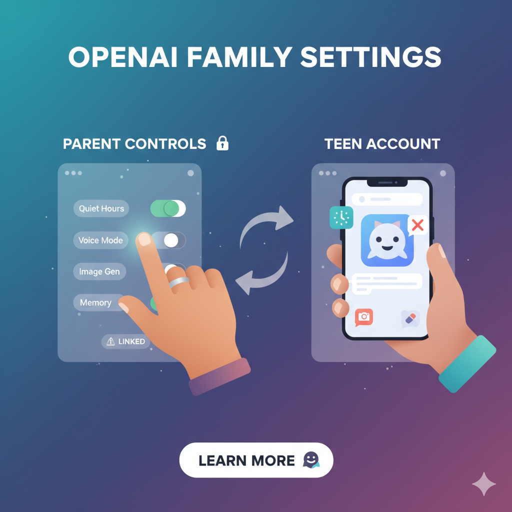 Illustration of Indian parents guiding their teen using OpenAI parental controls on ChatGPT, showing family-friendly technology and safe AI use.