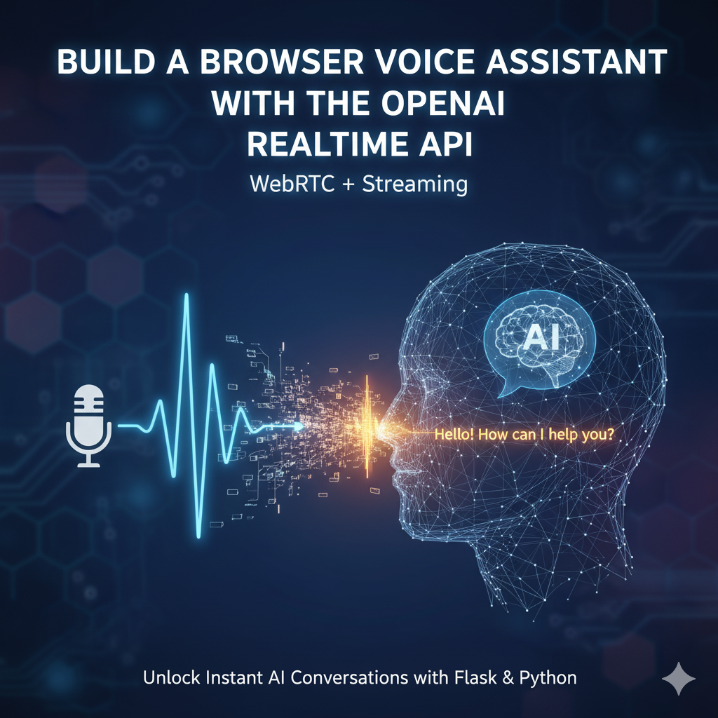 Diagram illustrating the system architecture for a real-time voice assistant, showing the flow from the Browser Frontend using WebRTC audio streaming through the Flask Backend Server to the OpenAI Realtime API services (Whisper, GPT, and TTS).