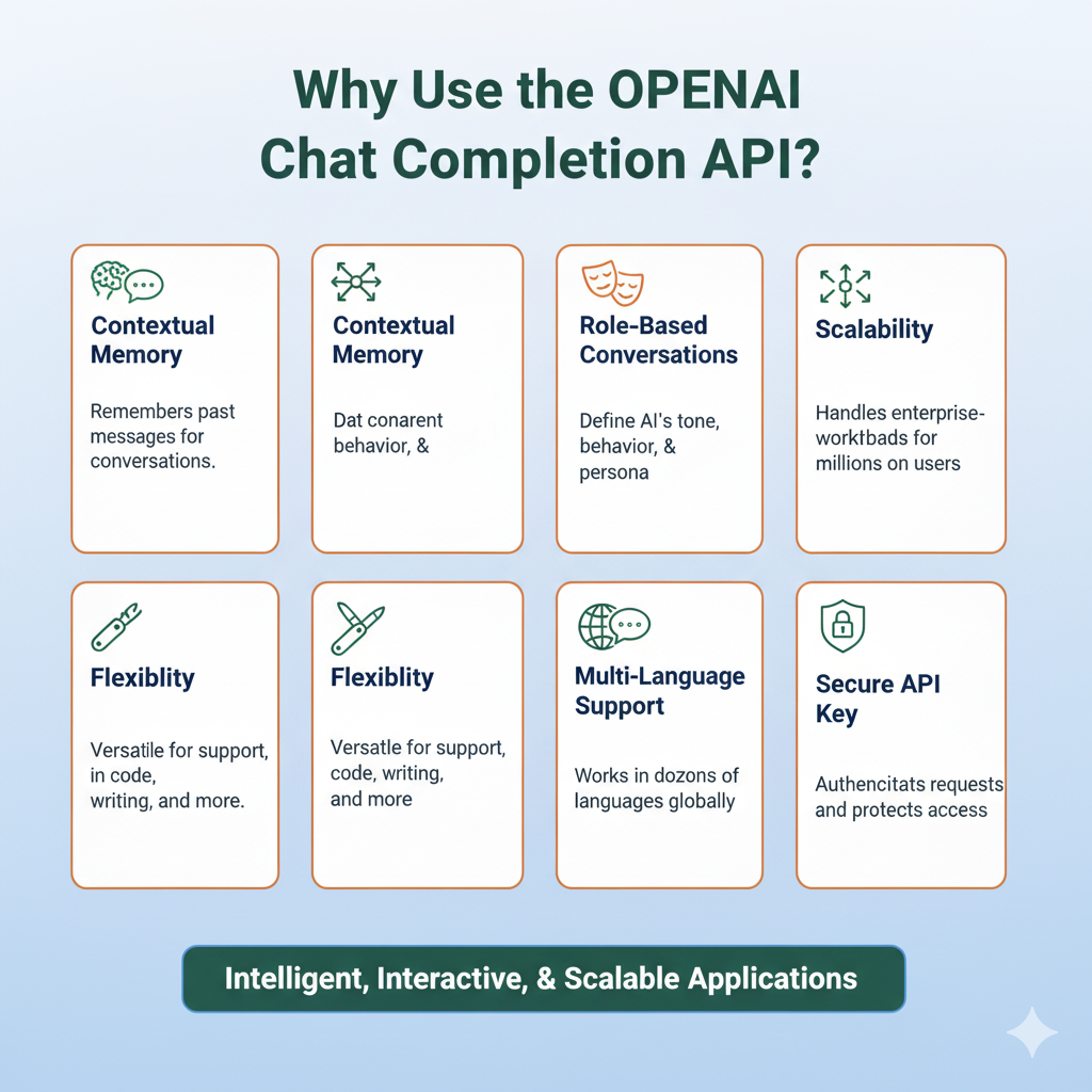 Benefits of using the OpenAI Chat Completion API including contextual memory, scalability, flexibility, multi-language support, and secure API key