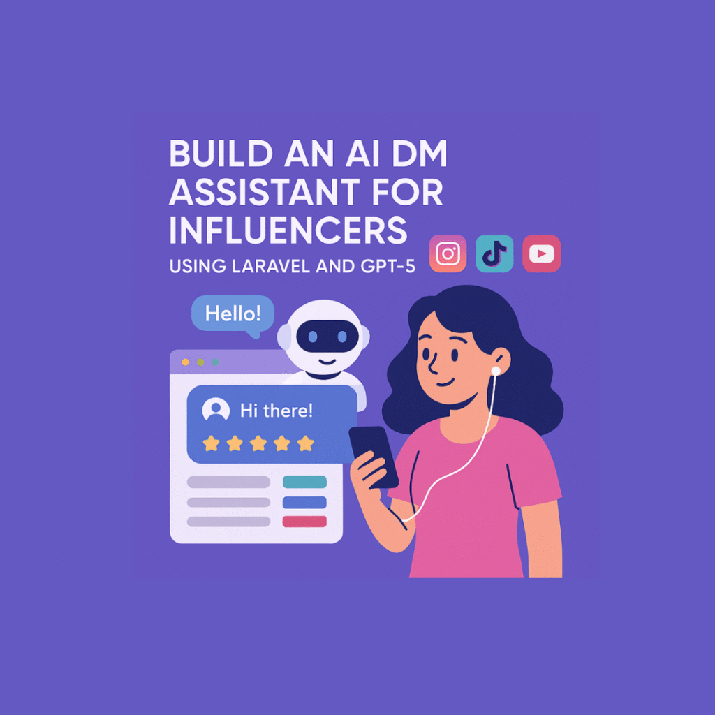 Illustration of influencer using AI DM assistant to manage Instagram, TikTok, and YouTube messages automatically.