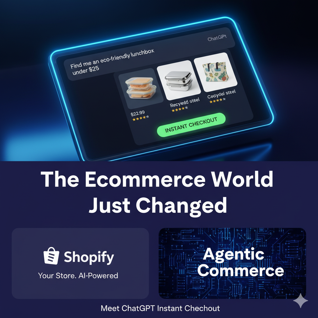 Illustration of ChatGPT Instant Checkout integrating with a Shopify store for AI-powered online shopping