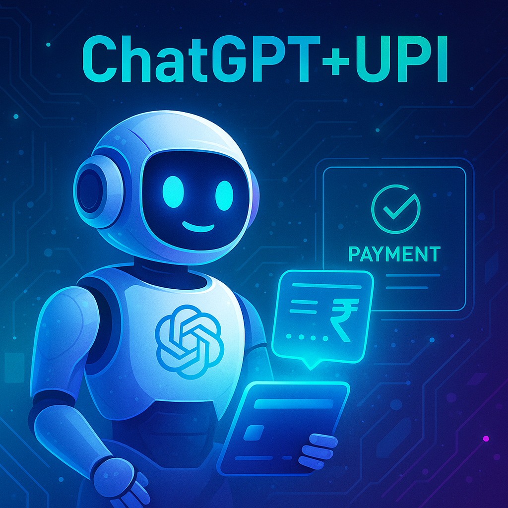 Futuristic illustration of ChatGPT UPI integration showing an AI chatbot processing digital payments in India, symbolizing conversational commerce and innovation.