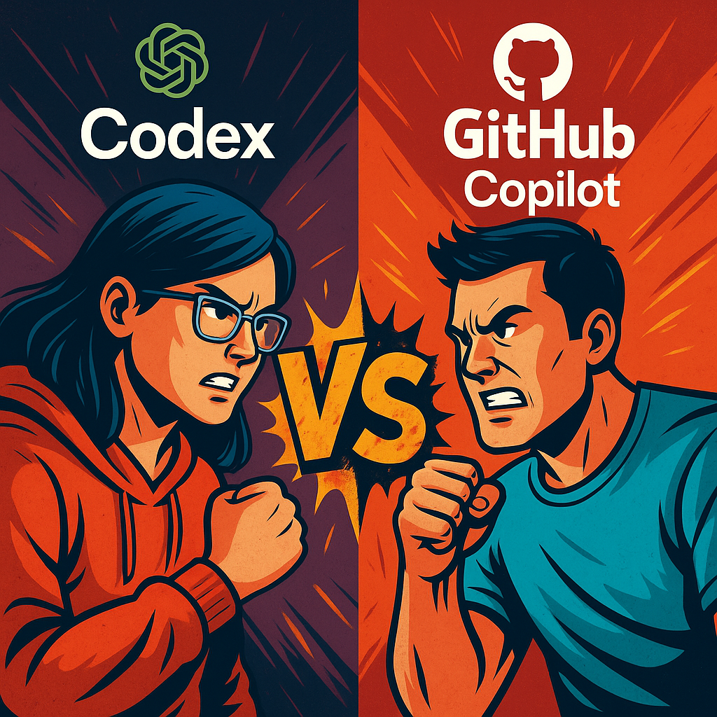 Illustration showing Codex and GitHub Copilot facing off in the 2025 developer showdown, symbolizing the battle between autonomous coding and real-time AI coding assistants.