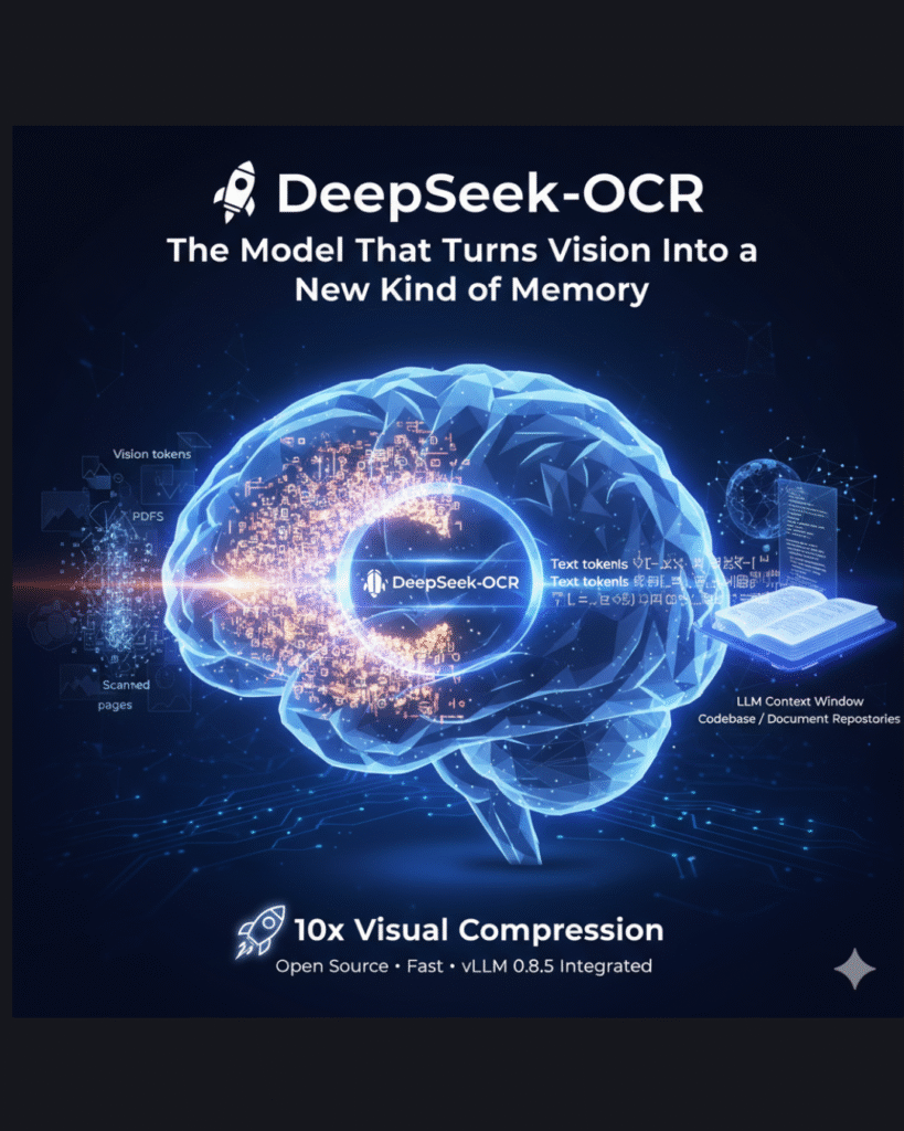 Futuristic digital artwork showing a glowing AI eye reading a book made of light and data streams, symbolizing DeepSeek-OCR’s vision and optical context compression.