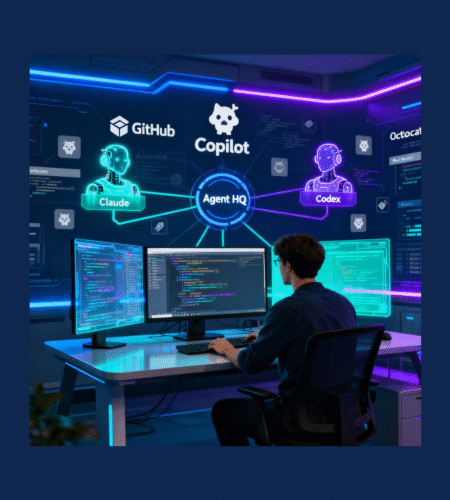Developer collaborating with GitHub Copilot and AI coding agents in a futuristic workspace, representing Agent HQ integration at GitHub Universe 2025