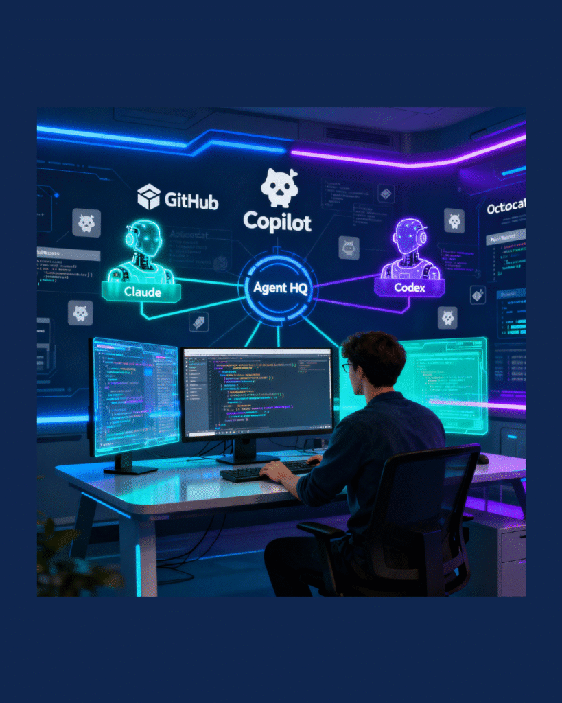 Developer collaborating with GitHub Copilot and AI coding agents in a futuristic workspace, representing Agent HQ integration at GitHub Universe 2025
