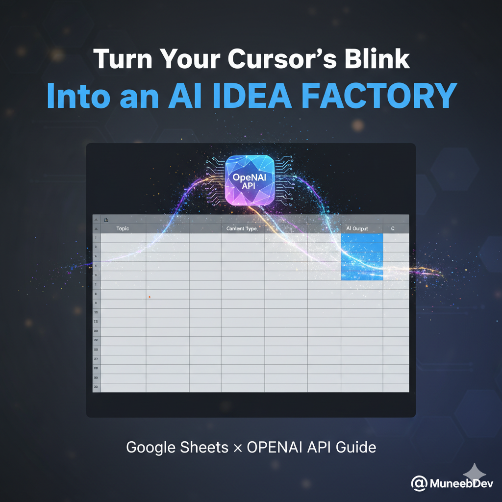Featured image showing an energetic lightbulb, Google Sheets icon, and OpenAI logo with the text 'Content Brainstorming Engine in Google Sheets (with OpenAI)