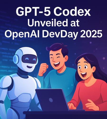Excited developers collaborating with a humanoid AI robot during the unveiling of GPT-5 Codex at OpenAI DevDay 2025, symbolizing innovation and teamwork.