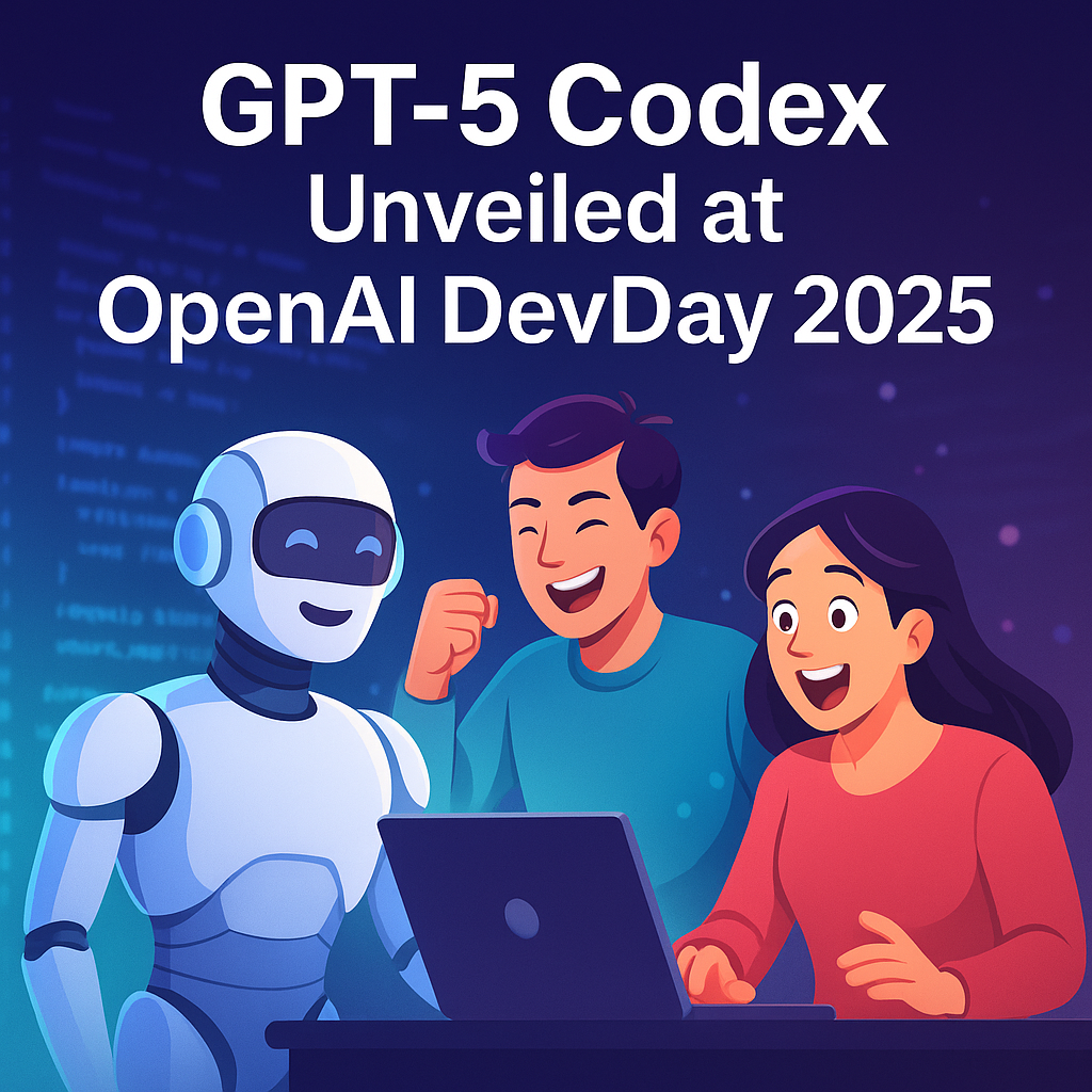 Excited developers collaborating with a humanoid AI robot during the unveiling of GPT-5 Codex at OpenAI DevDay 2025, symbolizing innovation and teamwork.