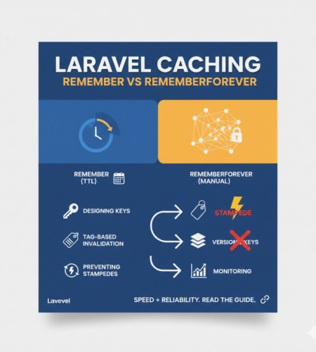Diagram explaining Laravel Cache remember vs rememberForever with invalidation patterns