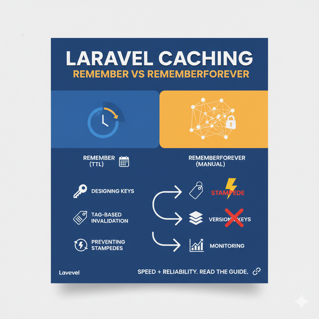 Diagram explaining Laravel Cache remember vs rememberForever with invalidation patterns