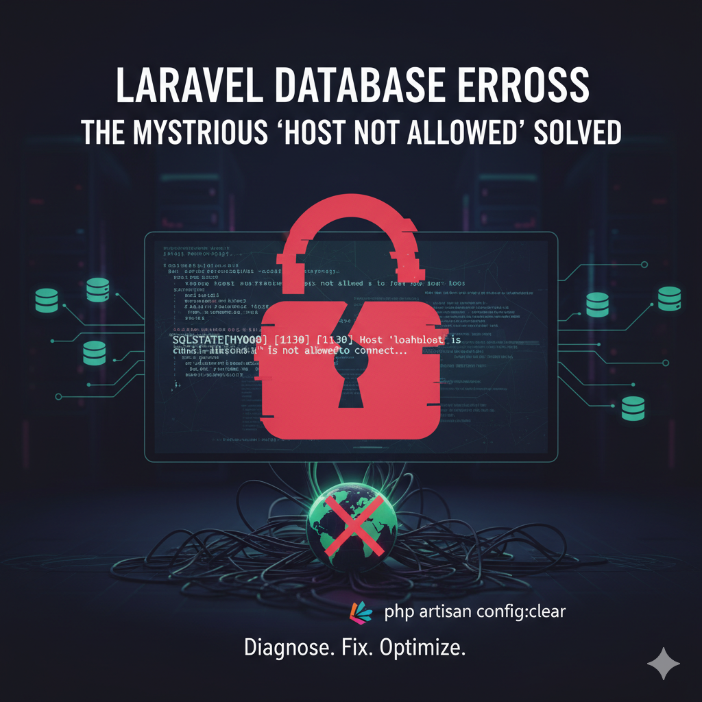 Screenshot showing how to fix the "Host 'localhost' is not allowed to connect" MariaDB error in a Laravel project
