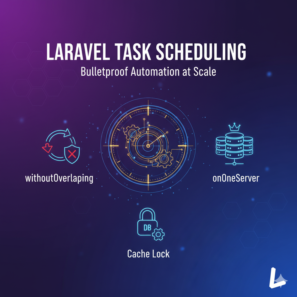 Laravel Task Scheduling guide with withoutOverlapping, onOneServer, and cache lock explained