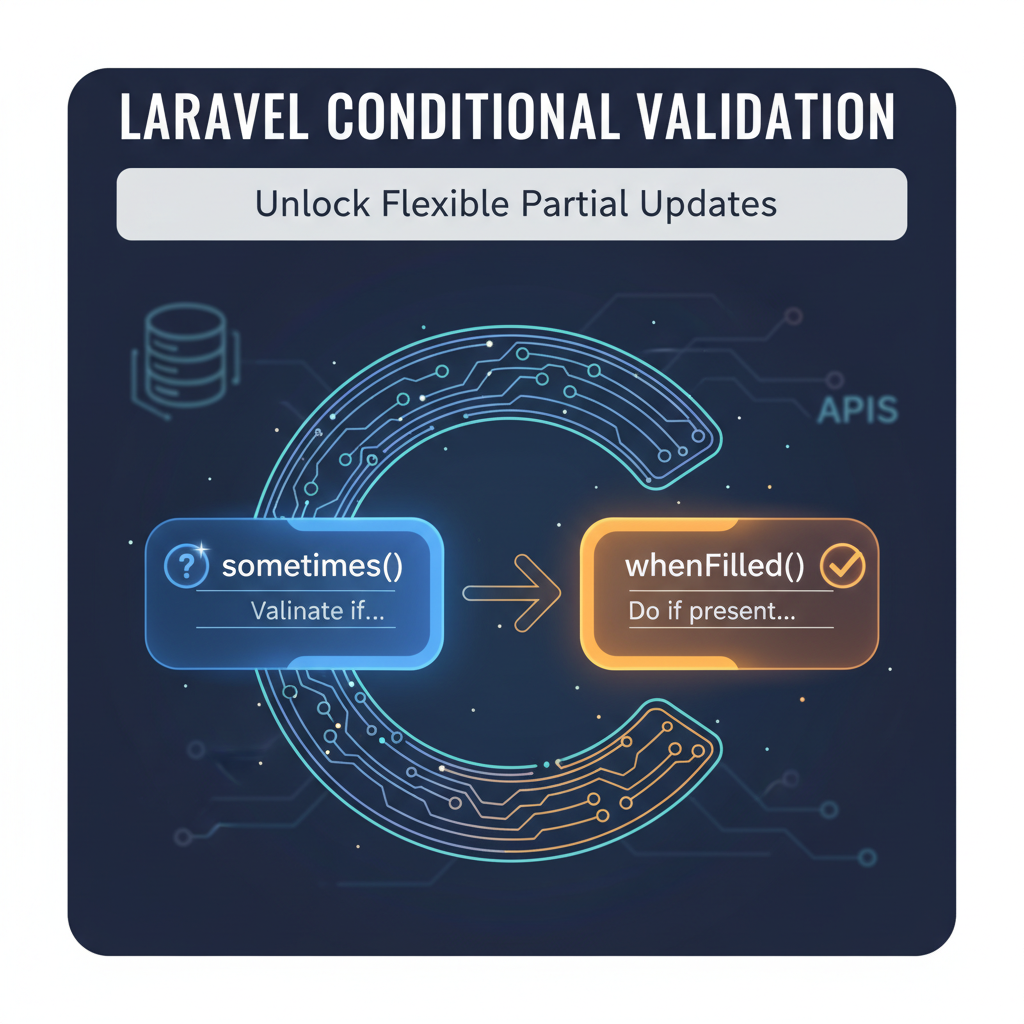 Laravel validation example showing sometimes() and whenFilled() usage for partial updates