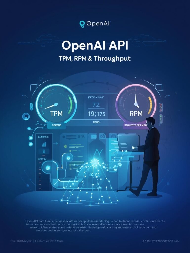 Infographic showing OpenAI API rate limits with TPM and RPM gauges, data flow visuals, and a developer monitoring a futuristic dashboard