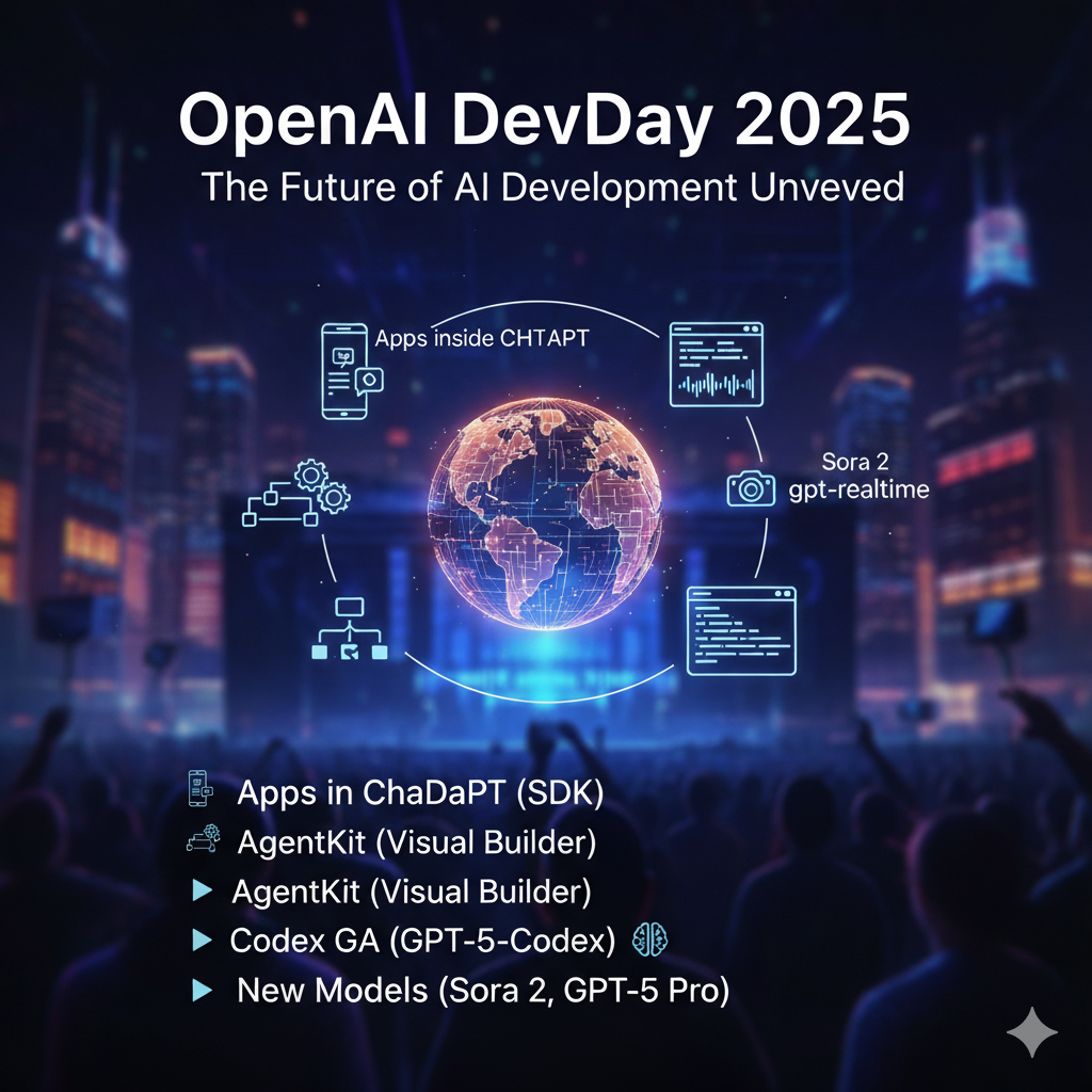 OpenAI DevDay 2025 keynote stage in San Francisco highlighting Apps SDK and AgentKit launch