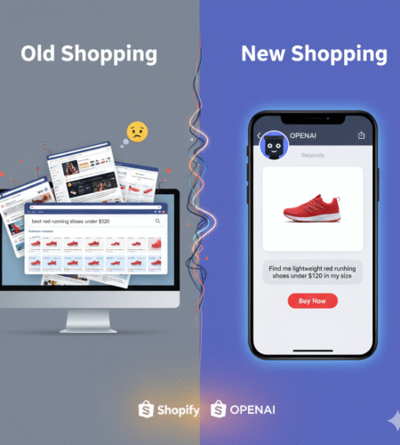 Illustration of the OpenAI Shopify partnership showcasing AI agents enabling conversational shopping and seamless e-commerce transactions.