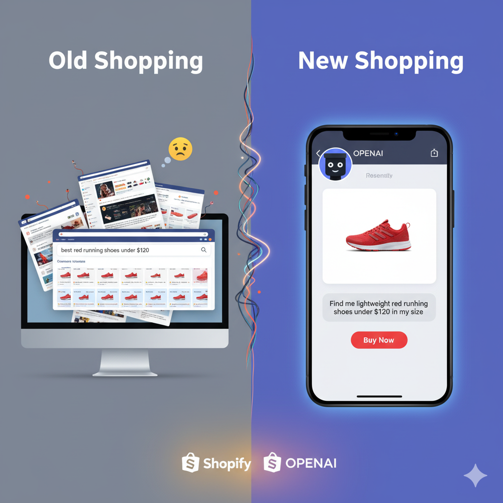 Illustration of the OpenAI Shopify partnership showcasing AI agents enabling conversational shopping and seamless e-commerce transactions.
