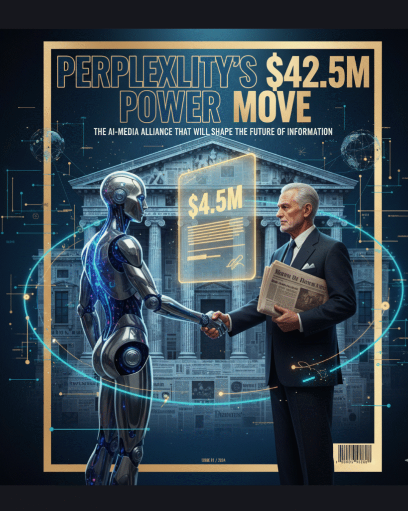 “Illustration of Perplexity AI finalizing a $42.5 million deal with a media publisher, symbolizing a transformative alliance between artificial intelligence and journalism.
