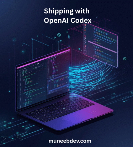 Illustration of a developer using OpenAI Codex CLI and IDE to build and ship a Laravel project locally, with AI-powered code suggestions, terminal commands, and GitHub integration.
