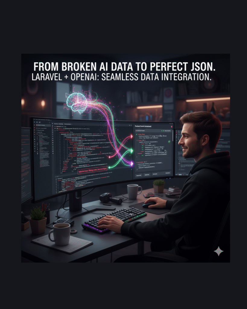 Before and after illustration showing messy OpenAI JSON transformed into clean, validated JSON using Laravel validation and auto-retry.