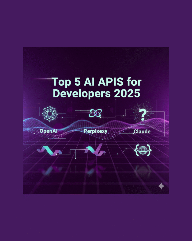 Clean, futuristic design showing abstract AI network and title “Top 5 AI APIs for Developers 2025” in bold typography — representing innovation, technology, and intelligence.