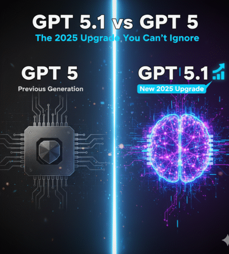 Futuristic split-screen comparison of GPT 5.1 vs GPT 5 showing AI upgrade, context window improvements, and modern neural chip graphics in 2025