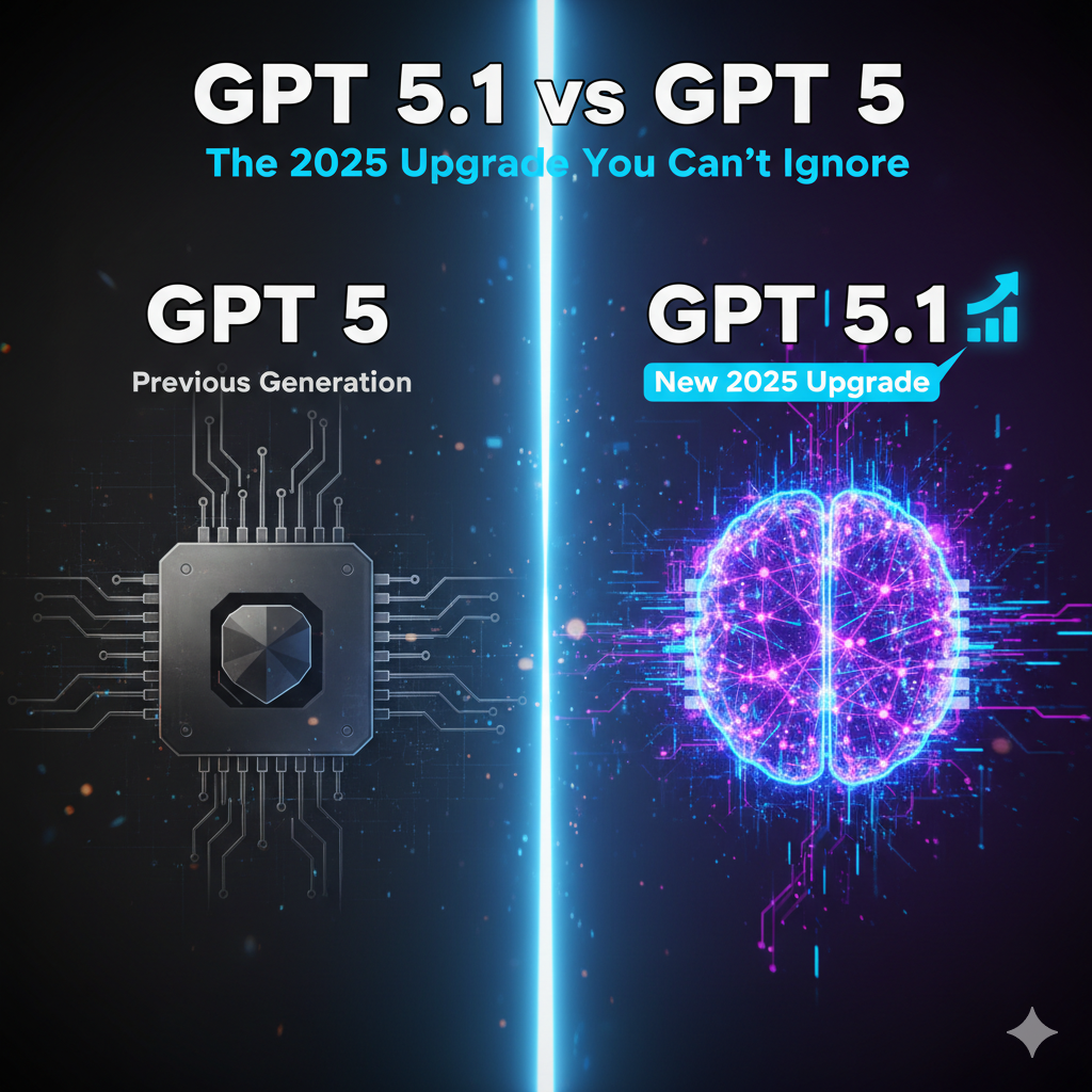 Futuristic split-screen comparison of GPT 5.1 vs GPT 5 showing AI upgrade, context window improvements, and modern neural chip graphics in 2025