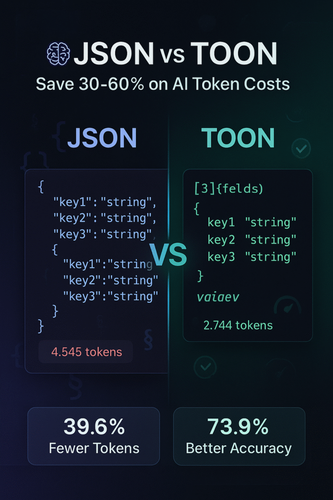 Comparison of JSON vs TOON data formats showing structure, examples, and token efficiency.
