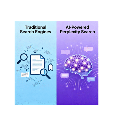 Visual comparison of traditional keyword-based search with fragmented results on the left and AI-powered Perplexity search with connected context nodes and neural network on the right, illustrating advanced contextual understanding and semantic search