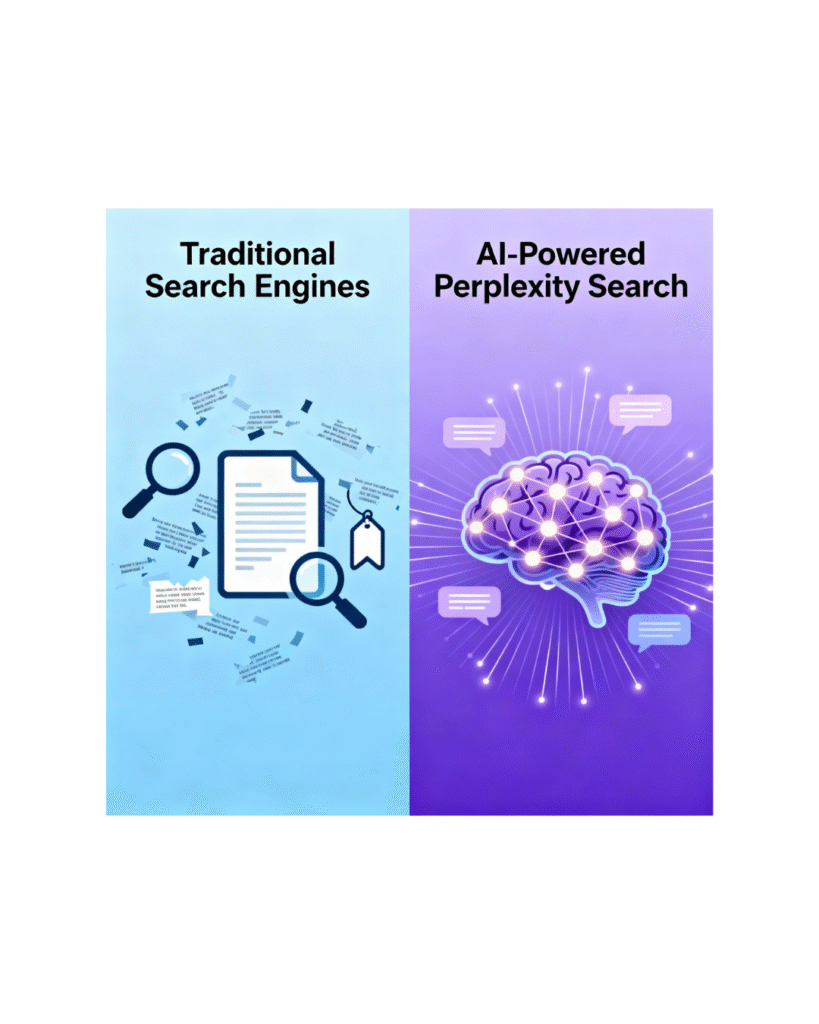 Visual comparison of traditional keyword-based search with fragmented results on the left and AI-powered Perplexity search with connected context nodes and neural network on the right, illustrating advanced contextual understanding and semantic search