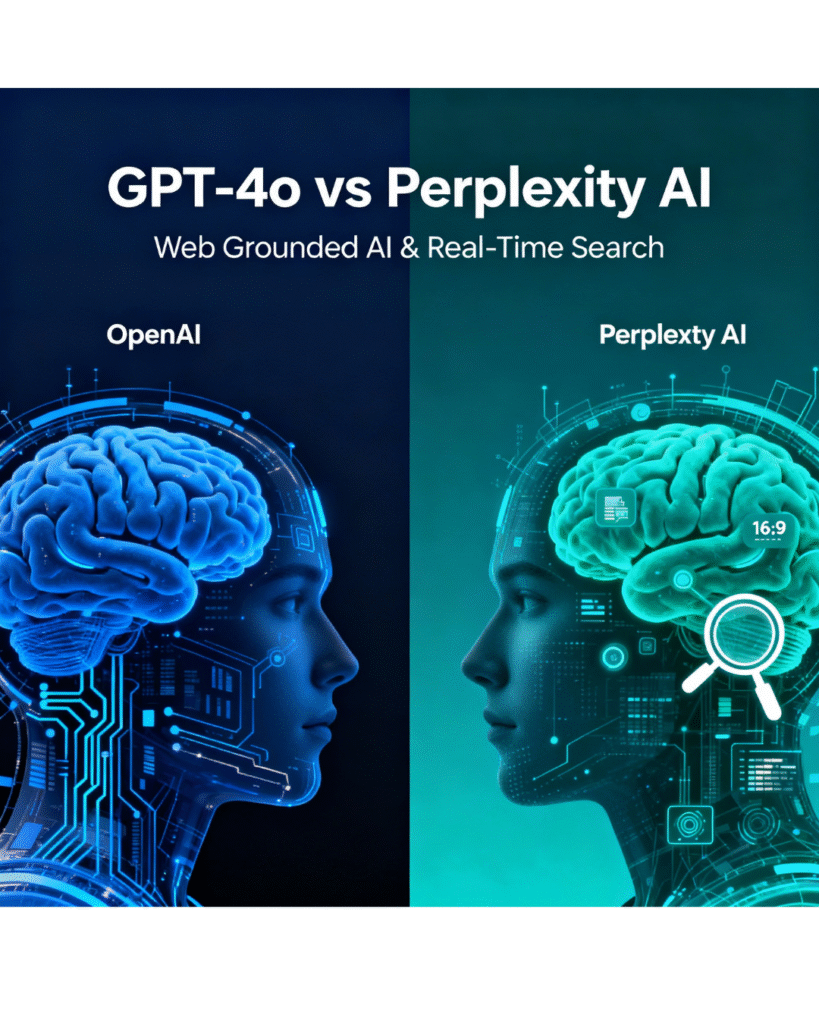 Illustration showing GPT-4o and Perplexity AI comparison with a split design, symbolizing web grounded AI and real-time web search.
