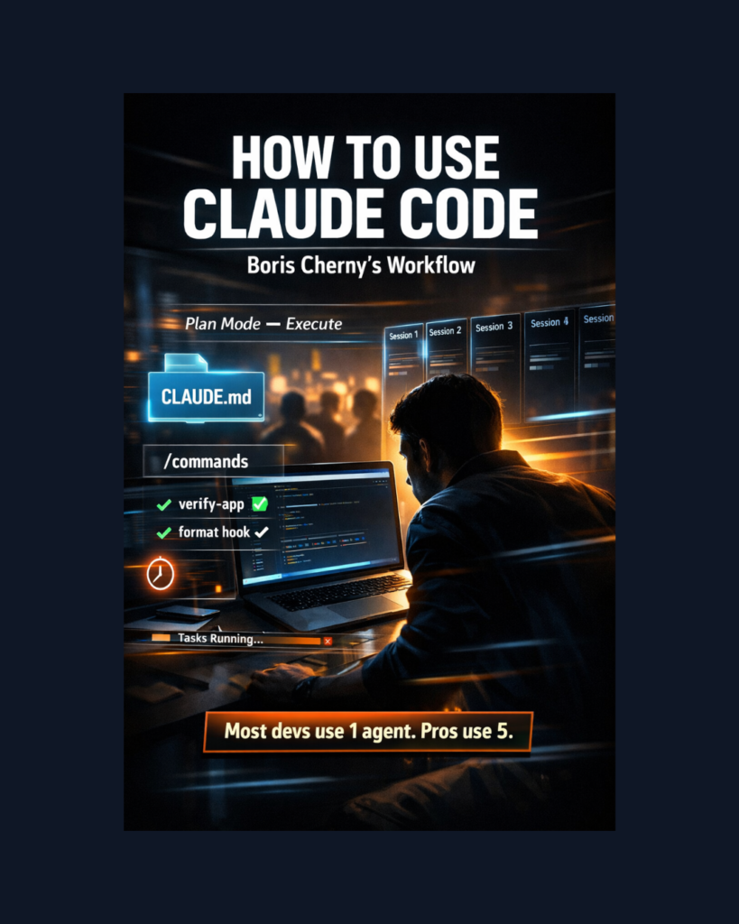 How to use Claude Code with Boris Cherny’s workflow showing parallel agents, Plan Mode, CLAUDE.md, and verification loops