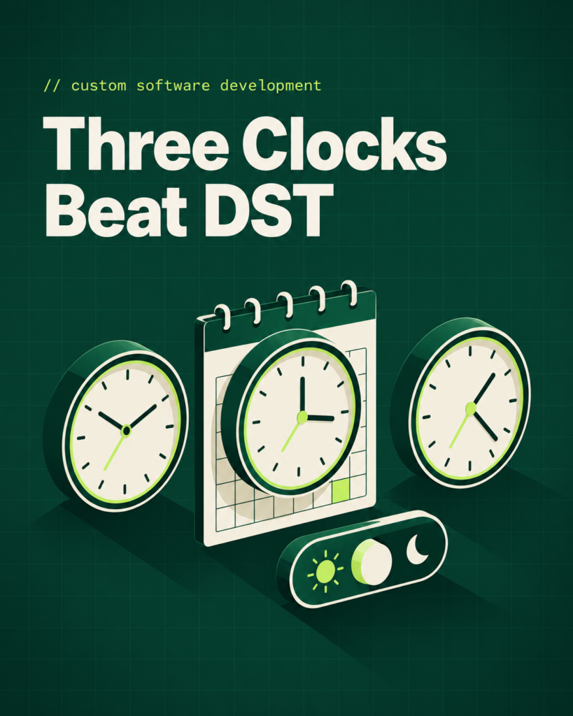 Three wall clocks showing different times beside a calendar page and a sun-and-moon switch, representing DST-proof scheduling