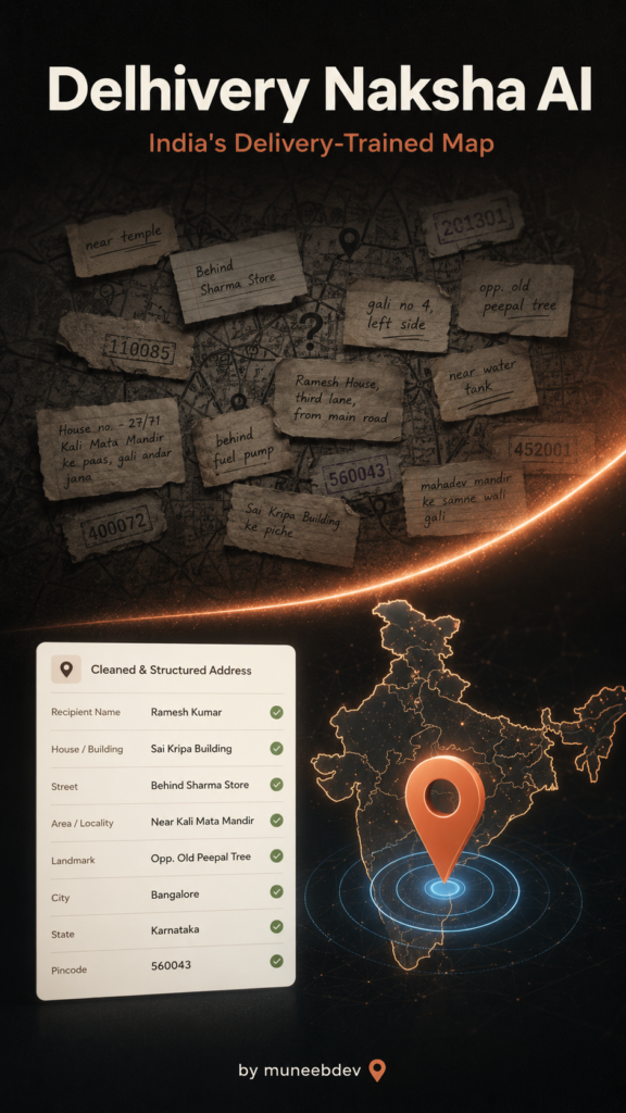 Delhivery Naksha AI map by MuneebDev showing a messy Indian address transformed into a clean geocoded location pin