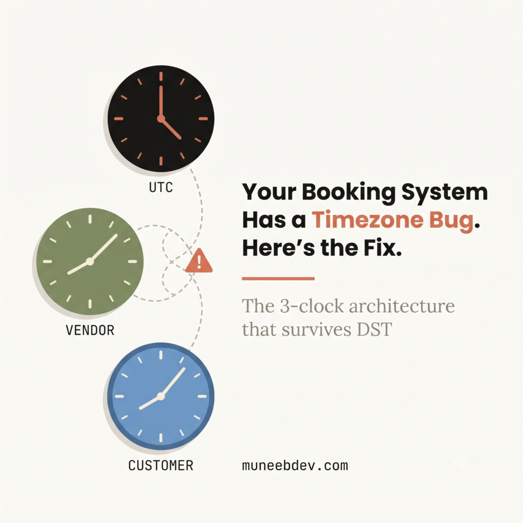 Three clocks showing UTC, vendor, and customer time with tangled lines illustrating timezone bugs in booking system architecture