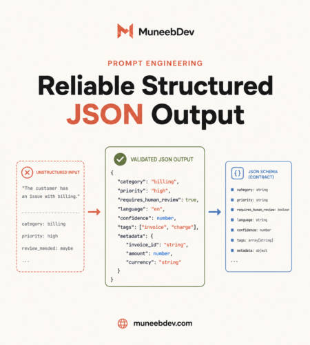 Diagram showing unstructured AI output converted into validated structured JSON using a JSON schema.