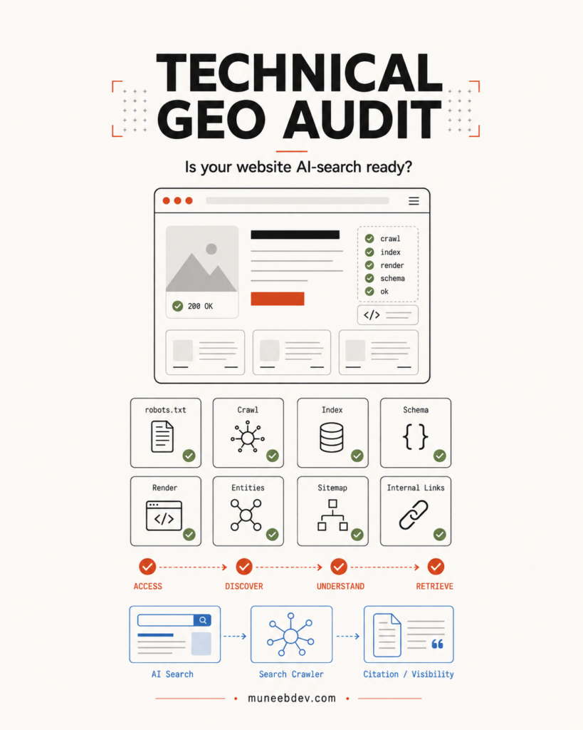 Technical GEO audit showing website crawlability, indexing, structured data, AI crawlers, and AI search visibility