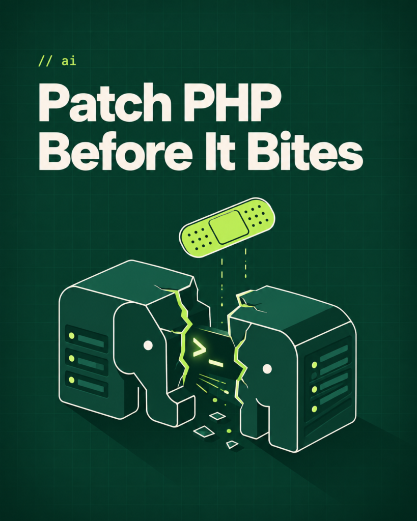 Two cracked elephant-shaped server blocks with a shell cursor slipping through, and a patch strip ready to seal them
